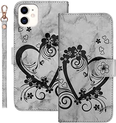 Tiyoo iPhone 11 Handyhülle, Premium Magnetic Wallet Case für Telefonschutz, Liebe Herz Blume-Muster Leder mit Kartenfächern und Handschlaufe, stoßfeste Klapphüllen für iPhone 11 von Tiyoo