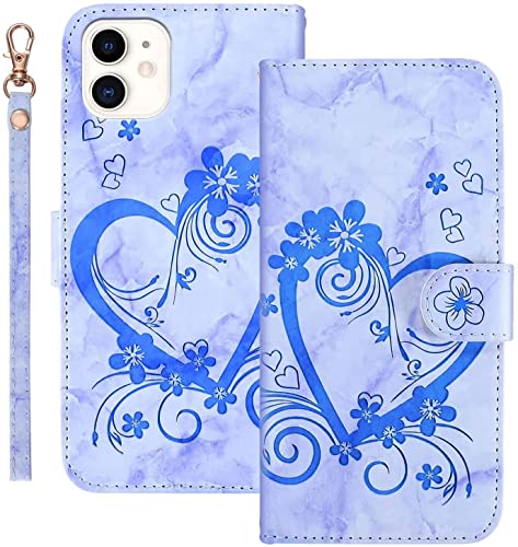 Tiyoo iPhone 12 Handyhülle, Premium Magnetic Wallet Case für Telefonschutz, Liebe Herz Blume-Muster Leder mit Kartenfächern und Handschlaufe, stoßfeste Klapphüllen für iPhone 12 von Tiyoo