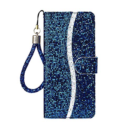 Tiyoo iPhone 12 Mini Flip Case Bling Glitter Sparkle Case 3D Pailletten Leder Wallet Cover mit Magnetverschluss, Ständer und Kartenfächern, mit Lanyard Strap (Blau) von Tiyoo