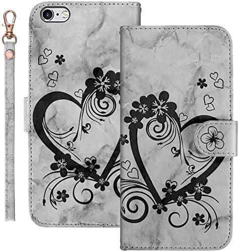 Tiyoo iPhone 6 Plus/iPhone 6s Plus Handyhülle, Premium Magnetic Wallet Case für Telefonschutz, Liebe Herz Blume-Muster Leder mit Kartenfächern und Handschlaufe, stoßfeste Klapphüllen von Tiyoo