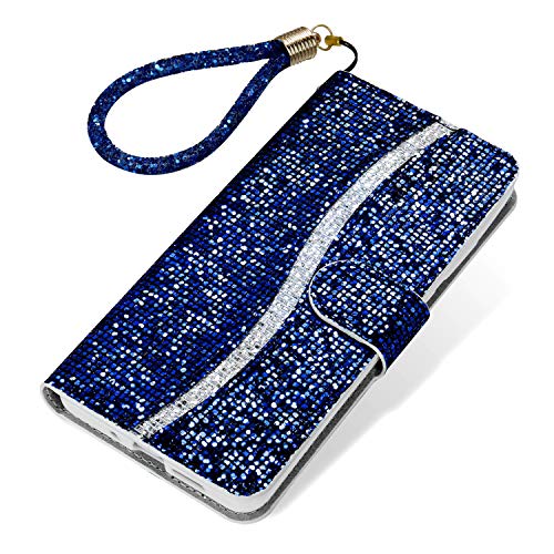 Tiyoo iPhone 7 Plus/8 Plus Flip Case Bling Glitzer Sparkle Case 3D Pailletten Leder Wallet Cover mit Magnetverschluss, Ständer und Kartenschlitzen, mit Lanyard Strap (Blau) von Tiyoo