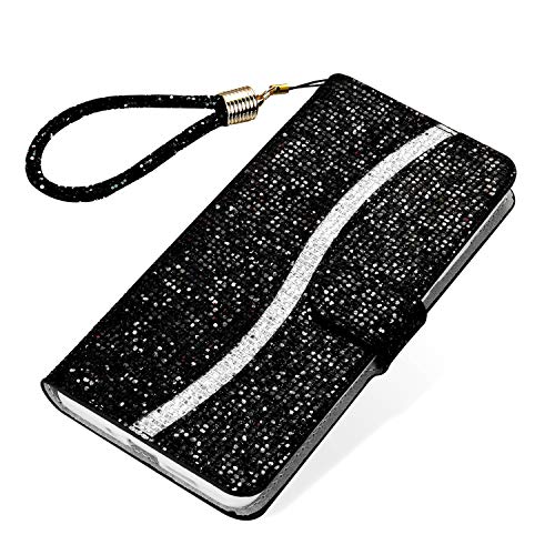 Tiyoo iPhone 7 Plus/8 Plus Flip Case Bling Glitzer Sparkle Case 3D Pailletten Leder Wallet Cover mit Magnetverschluss, Ständer und Kartenschlitzen, mit Lanyard Strap (Schwarz) von Tiyoo