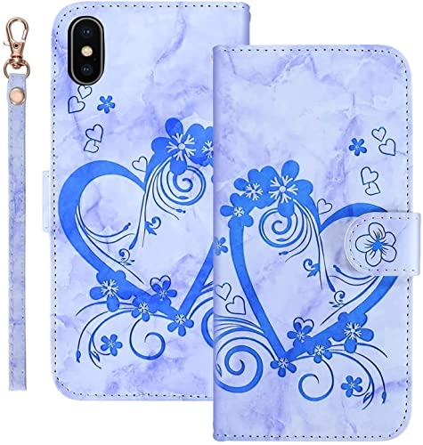 Tiyoo iPhone X/iPhone XS Handyhülle, Premium Magnetic Wallet Case für Telefonschutz, Liebe Herz Blume-Muster Leder mit Kartenfächern und Handschlaufe, stoßfeste Klapphüllen von Tiyoo