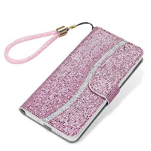 Tiyoo iPhone XR Flip Case Bling Glitter Sparkle Case 3D Pailletten Leder Wallet Cover mit Magnetverschluss, Ständer und Kartenschlitzen, mit Lanyard Strap (Rosa/Rosegold) von Tiyoo