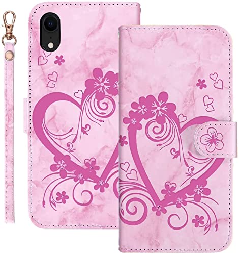 Tiyoo iPhone XR Handyhülle, Premium Magnetic Wallet Case für Telefonschutz, Liebe Herz Blume-Muster Leder mit Kartenfächern und Handschlaufe, stoßfeste Klapphüllen für iPhone XR von Tiyoo