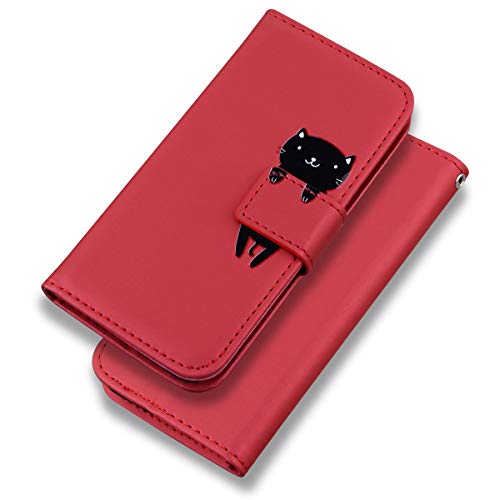 iPhone 5/5S/SE Case Cartoon Animal Cute Pattern Folding Stand PU Leather Wallet Flip Cover Protective Case with Card Slots, Magnetic Closure,with Shockproof TPU (Red Cat) von Tiyoo