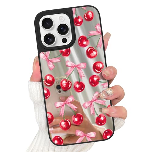Tjkings Mirror Case for iPhone 16 Pro, Cute Bow Cherry Aesthetic Pattern Phone Case for Girls Women, Glossy Mirror Back Shockproof Protective Cover for iPhone 16 Pro (Bow Cherry) von Tjkings