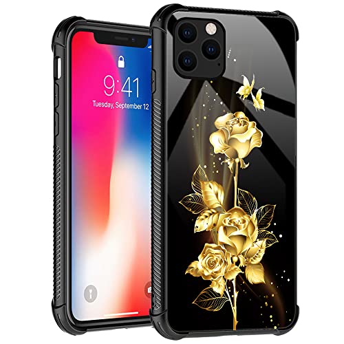TnXee Hülle Kompatibel mit iPhone 13 Pro Hülle, Goldene Schmetterling Rose Blumenmuster Design Hülle für iPhone 13 Pro Hüllen für Männer Frauen Hülle von TnXee