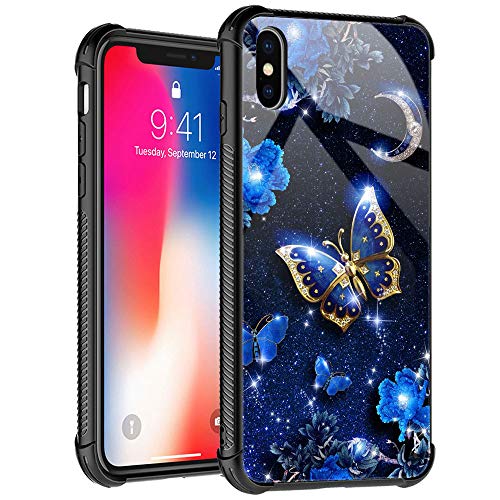 TnXee Hülle Kompatibel mit iPhone Xs Hülle, Blauer Himmel Blume Mond Schmetterling Hülle für iPhone X Hüllen für Mädchen Frauen Muster Design Hülle für iPhone X/XS von TnXee