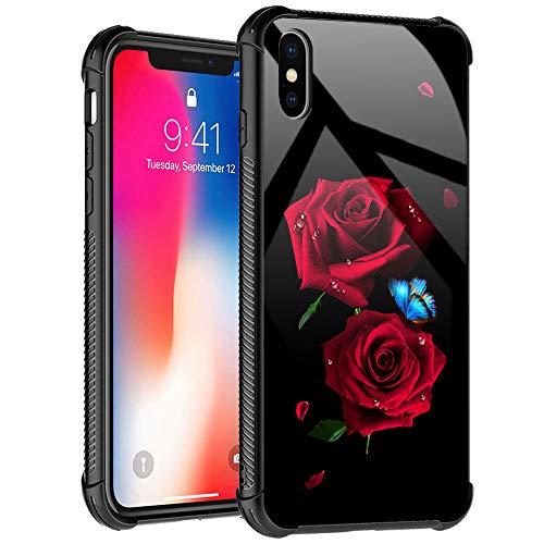 TnXee Hülle kompatibel mit iPhone XS Hülle, Schmetterling auf roten Rosen Hülle für iPhone X Hüllen für Mädchen Frauen Muster Design Hülle für iPhone X/XS von TnXee