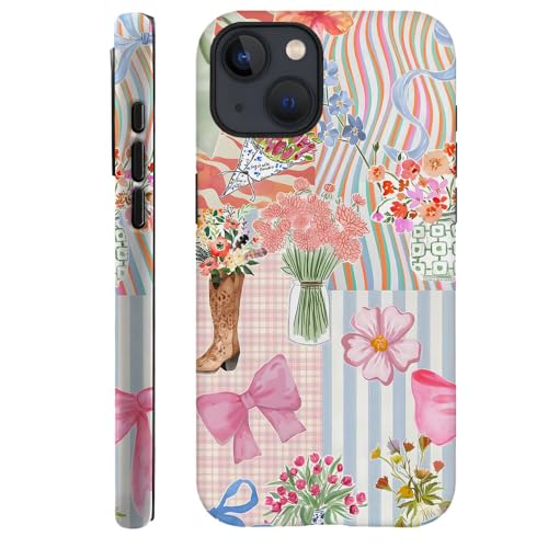 TnXee Schutzhülle kompatibel mit iPhone 13, Sturzprävention, 2-lagige Hybrid-Hartschalen-Schutzhülle für Mädchen und Jungen, rosa Schleifen-Collage von TnXee
