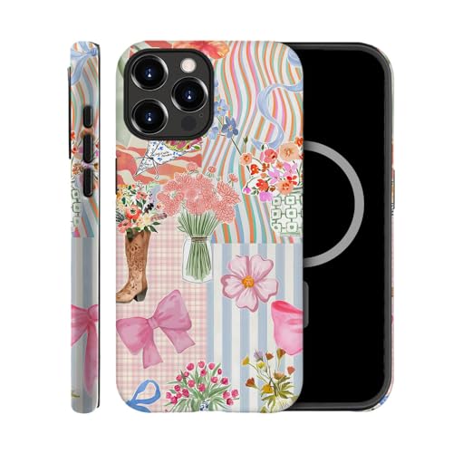 TnXee Schutzhülle kompatibel mit iPhone 14 Pro, kompatibel mit MagSafe, 2-lagige Hybrid-Hartschalenhüllen für Mädchen und Jungen, rosa Schleifen-Collage von TnXee