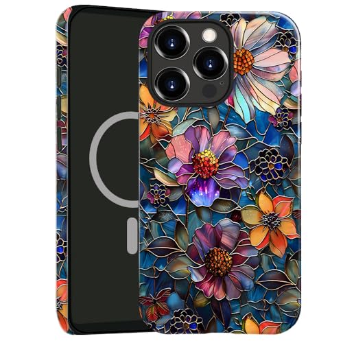TnXee Schutzhülle kompatibel mit iPhone 15 Pro, kompatibel mit MagSafe, glänzende Hybrid-Hybrid-2-lagige Hartschalen-Schutzhülle für Mädchen und Jungen, bunte Blumen-Kunst von TnXee