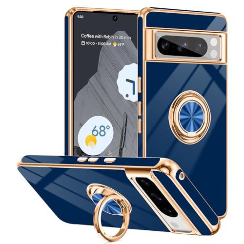 Tnarru Schutzhülle für Google Pixel 8 Pro, mit Ringständer, unterstützt magnetische Autohalterung, drehbarer Fingerhalter, weiche TPU-Abdeckung, plattierter Rand, schlanke Handyhülle für Pixel 8 Pro von Tnarru