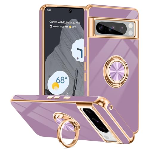 Tnarru Schutzhülle für Google Pixel 8 Pro, mit Ringständer, unterstützt magnetische Autohalterung, drehbarer Fingerhalter, weiche TPU-Abdeckung, plattierter Rand, schlanke Handyhülle für Pixel 8 Pro von Tnarru