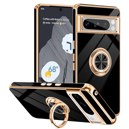 Tnarru Schutzhülle für Google Pixel 8 Pro, mit Ringständer, unterstützt magnetische Autohalterung, drehbarer Fingerhalter, weiche TPU-Abdeckung, plattierter Rand, schlanke Handyhülle für Pixel 8 Pro von Tnarru