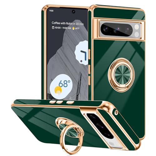 Tnarru Schutzhülle für Google Pixel 8 Pro, mit Ringständer, unterstützt magnetische Autohalterung, drehbarer Fingerhalter, weiche TPU-Abdeckung, plattierter Rand, schlanke Handyhülle für Pixel 8 Pro von Tnarru
