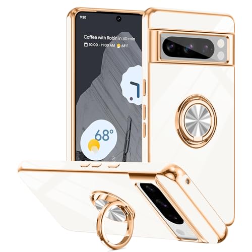 Tnarru Schutzhülle für Google Pixel 8 Pro, mit Ringständer, unterstützt magnetische Autohalterung, drehbarer Fingerhalter, weiche TPU-Abdeckung, plattierter Rand, schlanke Handyhülle für Pixel 8 Pro von Tnarru