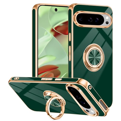 Tnarru Schutzhülle für Google Pixel 9/Pixel 9 Pro, mit Ringständer, unterstützt magnetische Autohalterung, drehbarer Fingerhalter, weiche TPU-Abdeckung, plattierter Rand, schlanke Handyhülle für Pixel von Tnarru