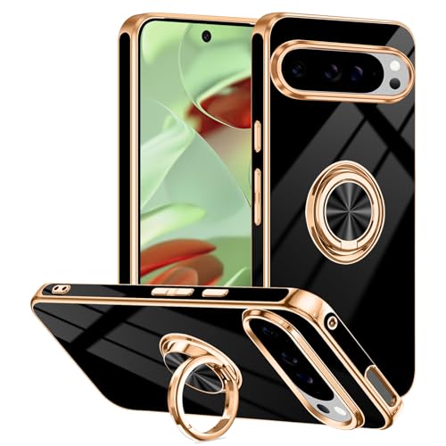 Tnarru Schutzhülle für Google Pixel 9/Pixel 9 Pro, mit Ringständer, unterstützt magnetische Autohalterung, drehbarer Fingerhalter, weiche TPU-Abdeckung, plattierter Rand, schlanke Handyhülle für Pixel von Tnarru