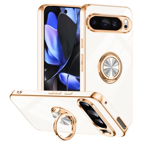 Tnarru Schutzhülle für Google Pixel 9 Pro XL mit Ringständer, unterstützt magnetische Autohalterung, drehbarer Fingerhalter, weiche TPU-Abdeckung, plattierter Rand, schlanke Handyhülle für Pixel 9 Pro von Tnarru