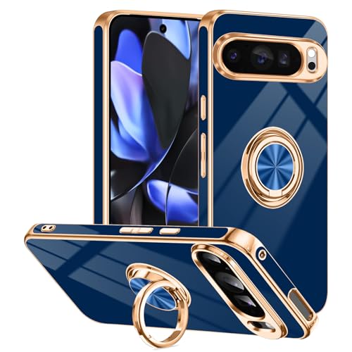 Tnarru Schutzhülle für Google Pixel 9 Pro XL mit Ringständer, unterstützt magnetische Autohalterung, drehbarer Fingerhalter, weiche TPU-Abdeckung, plattierter Rand, schlanke Handyhülle für Pixel 9 Pro von Tnarru
