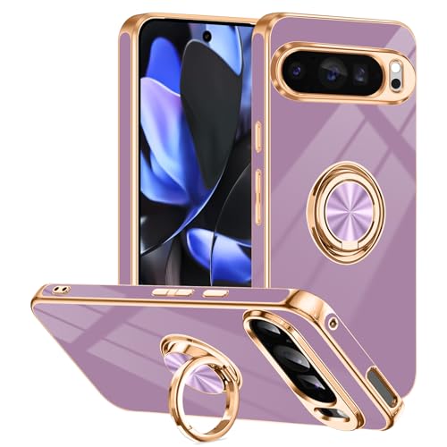Tnarru Schutzhülle für Google Pixel 9 Pro XL mit Ringständer, unterstützt magnetische Autohalterung, drehbarer Fingerhalter, weiche TPU-Abdeckung, plattierter Rand, schlanke Handyhülle für Pixel 9 Pro von Tnarru