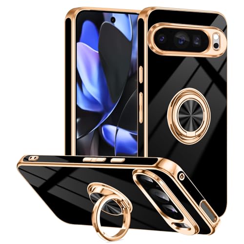 Tnarru Schutzhülle für Google Pixel 9 Pro XL mit Ringständer, unterstützt magnetische Autohalterung, drehbarer Fingerhalter, weiche TPU-Abdeckung, plattierter Rand, schlanke Handyhülle für Pixel 9 Pro von Tnarru