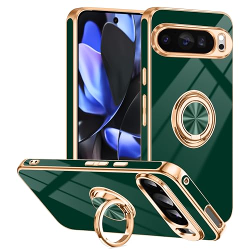 Tnarru Schutzhülle für Google Pixel 9 Pro XL mit Ringständer, unterstützt magnetische Autohalterung, drehbarer Fingerhalter, weiche TPU-Abdeckung, plattierter Rand, schlanke Handyhülle für Pixel 9 Pro von Tnarru