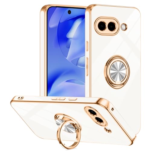 Tnarru Schutzhülle für Google Pixel 9a mit Ringständer, unterstützt magnetische Autohalterung, drehbarer Fingerhalter, weiche TPU-Abdeckung, plattierter Rand, schlanke Handyhülle für Pixel 9A, Weiß von Tnarru