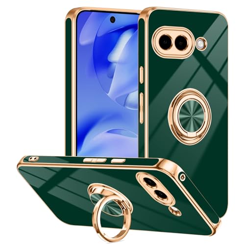 Tnarru Schutzhülle für Google Pixel 9a mit Ringständer, unterstützt magnetische Autohalterung, drehbarer Fingerhalter, weiche TPU-Abdeckung, plattierter Rand, schlanke Handyhülle für Pixel 9A, Grün von Tnarru