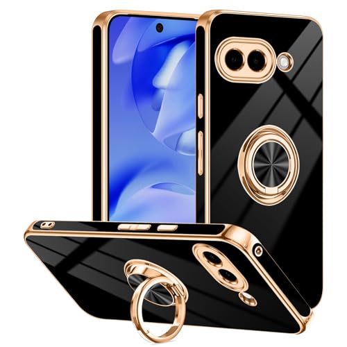 Tnarru Schutzhülle für Google Pixel 9a mit Ringständer, unterstützt magnetische Autohalterung, drehbarer Fingerhalter, weiche TPU-Abdeckung, plattierter Rand, schlanke Handyhülle für Pixel 9A, Schwarz von Tnarru