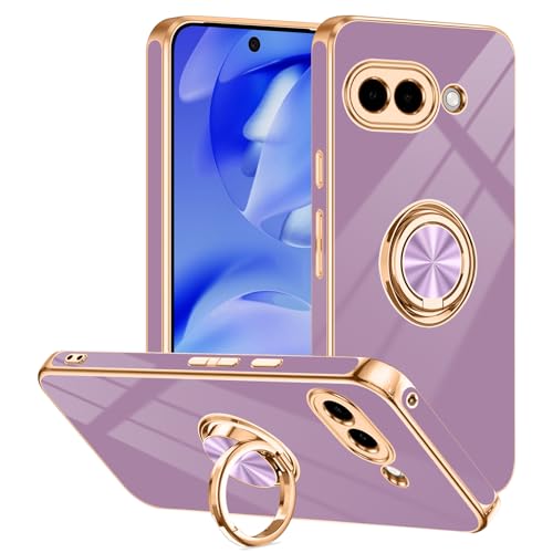 Tnarru Schutzhülle für Google Pixel 9a mit Ringständer, unterstützt magnetische Autohalterung, drehbarer Fingerhalter, weiche TPU-Abdeckung, plattierter Rand, schlanke Handyhülle für Pixel 9A, Lila von Tnarru