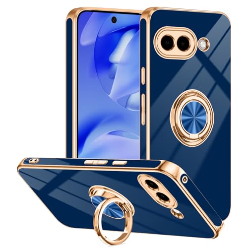 Tnarru Schutzhülle für Google Pixel 9a mit Ringständer, unterstützt magnetische Autohalterung, drehbarer Fingerhalter, weiche TPU-Abdeckung, plattierter Rand, schlanke Handyhülle für Pixel 9A, Blau von Tnarru