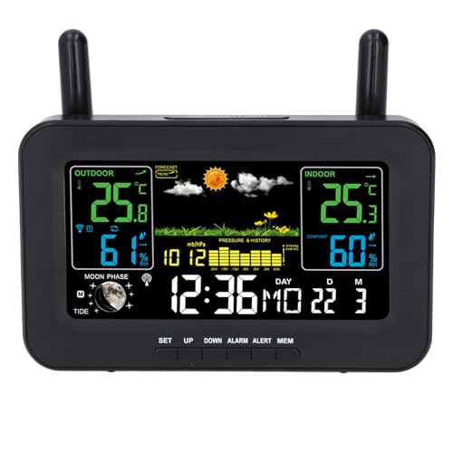 Drahtlose Wetterstation für den Innen- und Außenbereich, Thermometer, Farbdisplay, Digitaler Temperatur- und Feuchtigkeitssensor, Wettervorhersagestation (EU-Stecker 100V-240V) von Tnfeeon