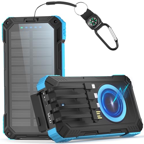 Solar Powerbank 56800mAh: 30W PD 3.0A USB C Power Bank Schnellladen mit 4 Kabeln, 3 Port (2 USB & 1 Type-c), 15W Wireless Charger, LED Leuchtanzeigen, Taschenlampe, Externe Handy-Akkus für Smartphone von Tnibition