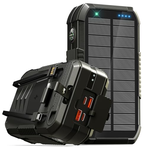 Solar Powerbank 70000mAh, PD 30W USB C Powerbank Schnellladen mit Integriertes Kabel, 15W Kabelloses Laden, Handkurbel, LED Leuchtanzeigen, Taschenlampe, Externe Handy-Akkus für Outdoor von Tnibition