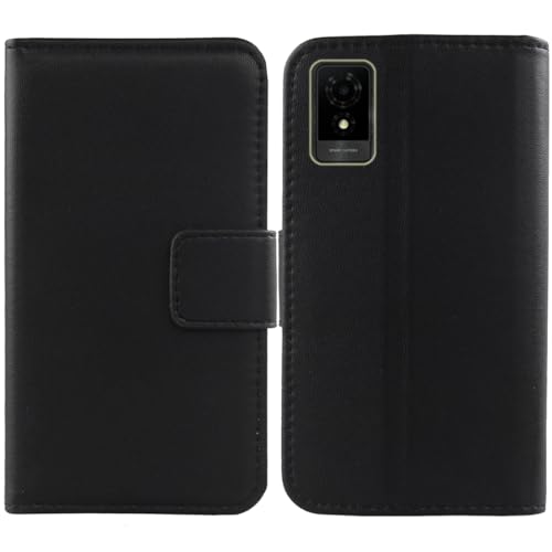 Flip Premium Echt Leder Tasche Hülle Für Vodafone Smart M25 / TCL 501 6" Lederhülle Handyhülle Schutz Klapphülle Handy Schale Etui Wallet Cover Case (Schwarz) von Tnviud