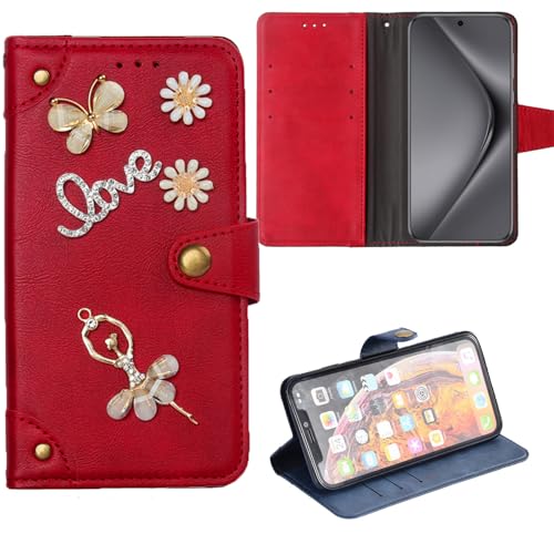 Tnviud Retro Flip Leder Tasche Hülle Ballet 3D Diamond Bling TPU Silikon Case Für IMO Q4 Pro 2021 5.5" Lederhülle Handyhülle Handy Tasche Schutz Cover Etui Red von Tnviud