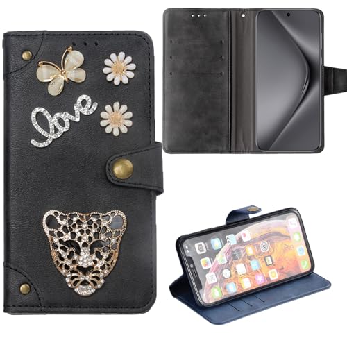 Tnviud Retro Flip Leder Tasche Hülle Leopard 3D Diamond Bling TPU Silikon Case Für FOSSiBOT F109 5G 6.74" Lederhülle Handyhülle Handy Tasche Schutz Cover Etui Black von Tnviud