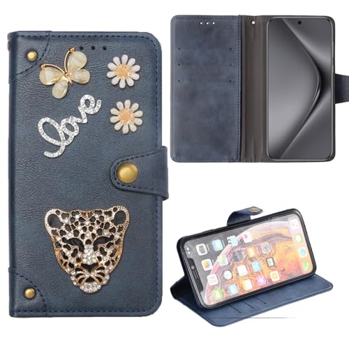 Tnviud Retro Flip Leder Tasche Hülle Leopard 3D Diamond Bling TPU Silikon Case Für Gigaset GS3 6.1" Lederhülle Handyhülle Handy Tasche Schutz Cover Etui Blue von Tnviud