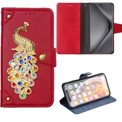 Tnviud Retro Flip Leder Tasche Hülle Peacock 3D Diamond Bling TPU Silikon Case Für Doro 8030/8031 / 8028 / Doro DSB-0010 4.5" Lederhülle Handyhülle Handy Tasche Schutz Cover Etui Red von Tnviud