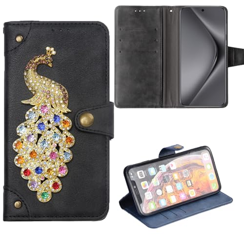 Tnviud Retro Flip Leder Tasche Hülle Peacock 3D Diamond Bling TPU Silikon Case Für Doro 8035 / Doro DSB-0170 Lederhülle Handyhülle Handy Tasche Schutz Cover Etui Black von Tnviud