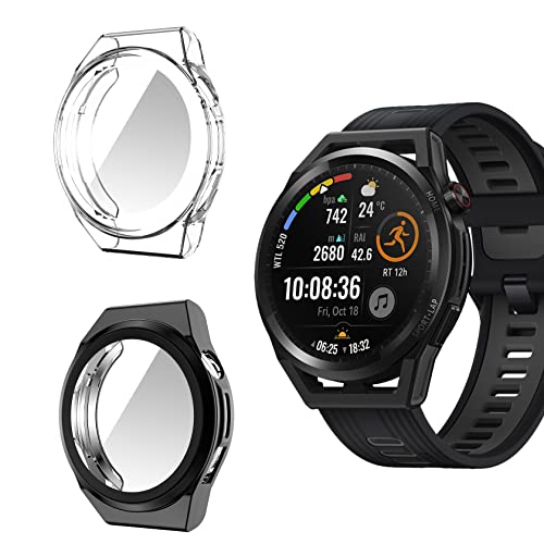 ToVioc [2 Stück] Hülle mit Schutzfolie Kompatibel mit Huawei Watch GT 3 SE/Watch GT Runner, Shell Flexible TPU Schutzhülle für Huawei Watch GT Runner/Watch GT 3 SE - Schwarz & Transparent von ToVioc