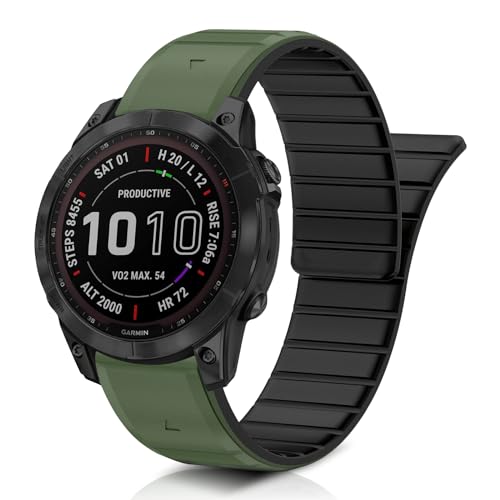 ToVioc Uhren-Armband Kompatibel mit Garmin Fenix 8 47mm /Fenix E 47mm /Quatix 7 Pro, QuickFit 22mm Weiches Silikon Magnet Ersatzarmband für Garmin D2 Mach 1 /MARQ Golfer - Grün/Schwarz von ToVioc