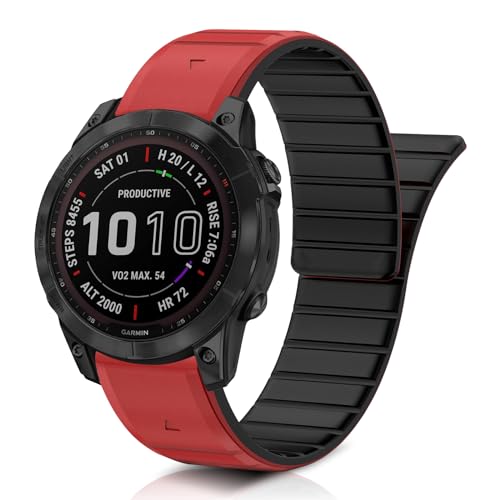 ToVioc Uhren-Armband Kompatibel mit Garmin MARQ Golfer/Epix(Gen 2) /Fenix 7 Pro, QuickFit 22mm Weiches Silikon Magnet Ersatzarmband für Fenix 6 Pro GPS/Sapphire Solar - Rot/Schwarz von ToVioc