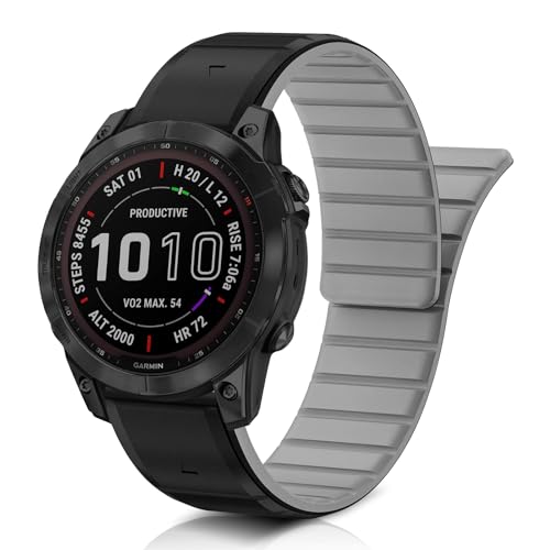 ToVioc Uhren-Armband Kompatibel mit Garmin Fenix 8 47mm /Fenix E 47mm /Quatix 7 Pro, QuickFit 22mm Weiches Silikon Magnet Ersatzarmband für Garmin D2 Mach 1 /MARQ Golfer - Schwarz/Grau von ToVioc