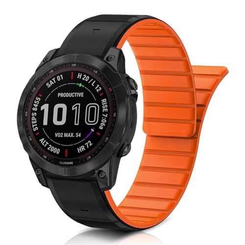 ToVioc Uhren-Armband Kompatibel mit Garmin Fenix 8 47mm /Fenix E 47mm /Quatix 7 Pro, QuickFit 22mm Weiches Silikon Magnet Ersatzarmband für Garmin D2 Mach 1 /MARQ GOLFER - Schwarz/Orange von ToVioc