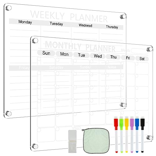 Acryl Wochenplaner Magnetisch 2pcs Transparente Monatsplaner und Wochenplanner Abwischbar Acryl Kalender für Kühlschrank mit 6 Markierungsstiften Stifthalter Handtuch für Büro und Zuhause (2) von Toaboa