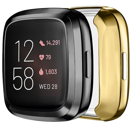 Tobfit 2 Stück für Fitbit Versa 2 Displayschutzfolie Hülle, weich plattiert TPU Full Around Sensitive Touch Schutzhülle für Fitbit Versa 2 Smartwatch Zubehör, Schwarz + Gold von Tobfit